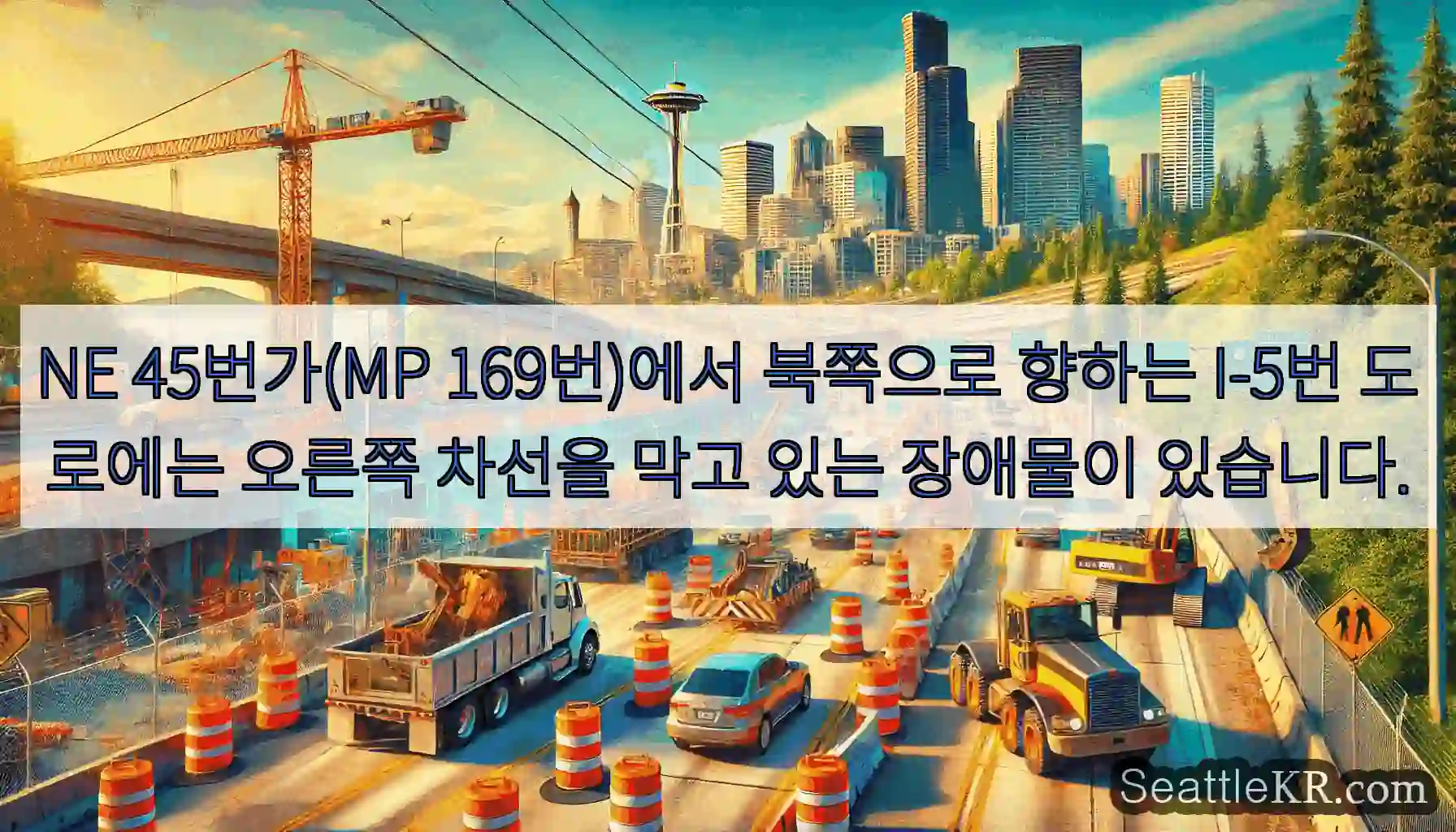 NE 45번가(MP 169번)에서 북쪽으로 향하는 I-5번 도로에는 오른쪽 차선을 막고