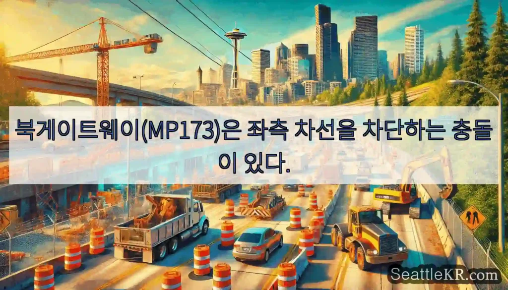 북게이트웨이(MP173)은 좌측 차선을 차단하는 충돌이 있다.