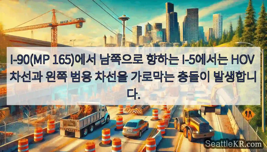 I-90(MP 165)에서 남쪽으로 향하는 I-5에서는 HOV 차선과 왼쪽 범용 차선을