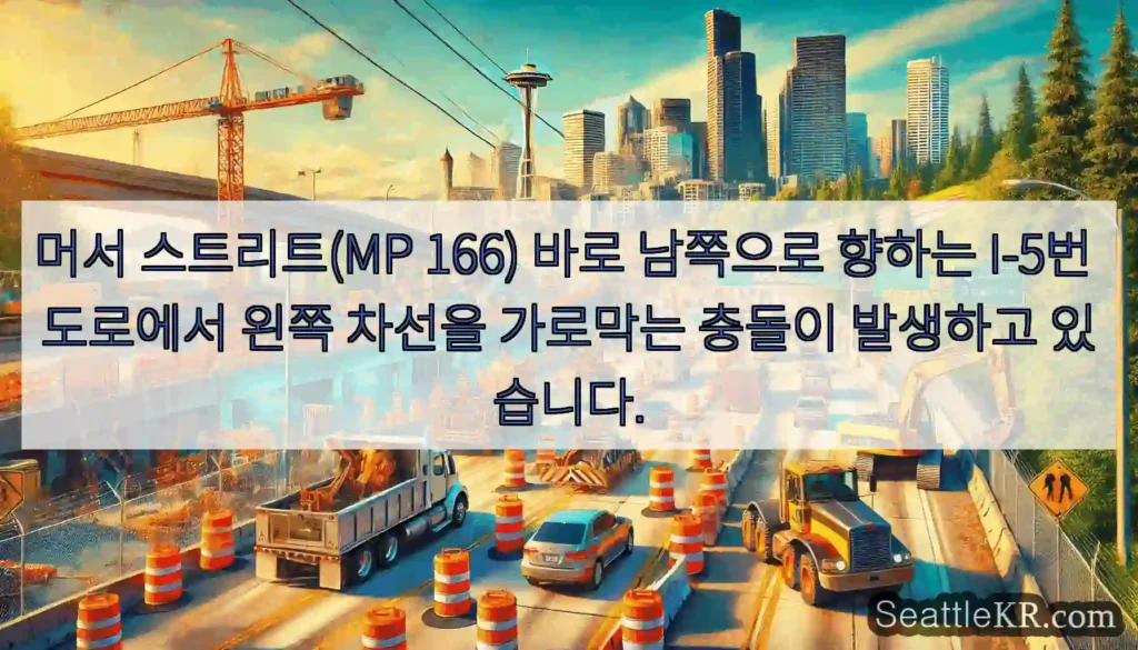 머서 스트리트(MP 166) 바로 남쪽으로 향하는 I-5번 도로에서 왼쪽 차선을 가로막는