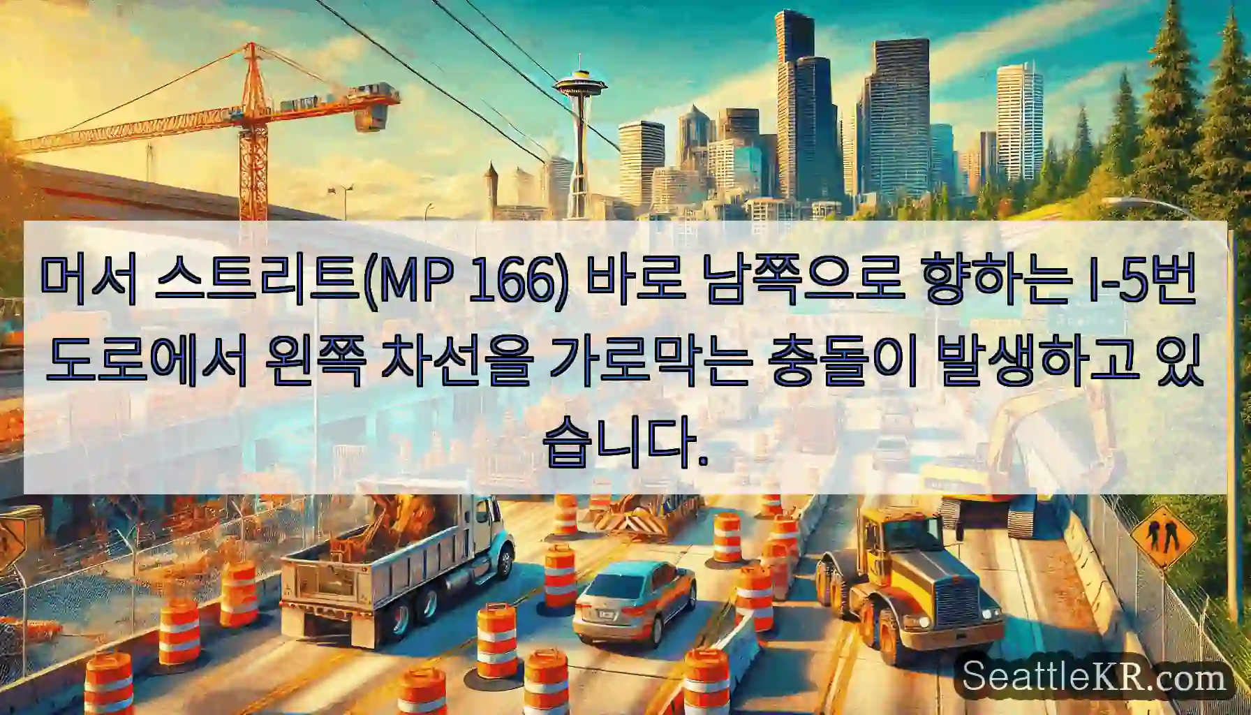 머서 스트리트(MP 166) 바로 남쪽으로 향하는 I-5번 도로에서 왼쪽 차선을 가로막는