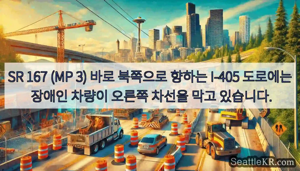 SR 167 (MP 3) 바로 북쪽으로 향하는 I-405 도로에는 장애인 차량이 오른쪽