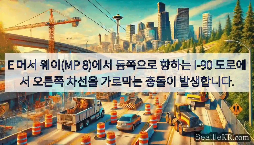 E 머서 웨이(MP 8)에서 동쪽으로 향하는 I-90 도로에서 오른쪽 차선을 가로막는