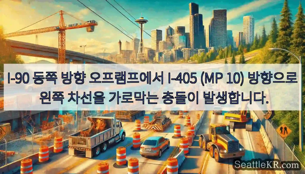 I-90 동쪽 방향 오프램프에서 I-405 (MP 10) 방향으로 왼쪽 차선을 가로막는