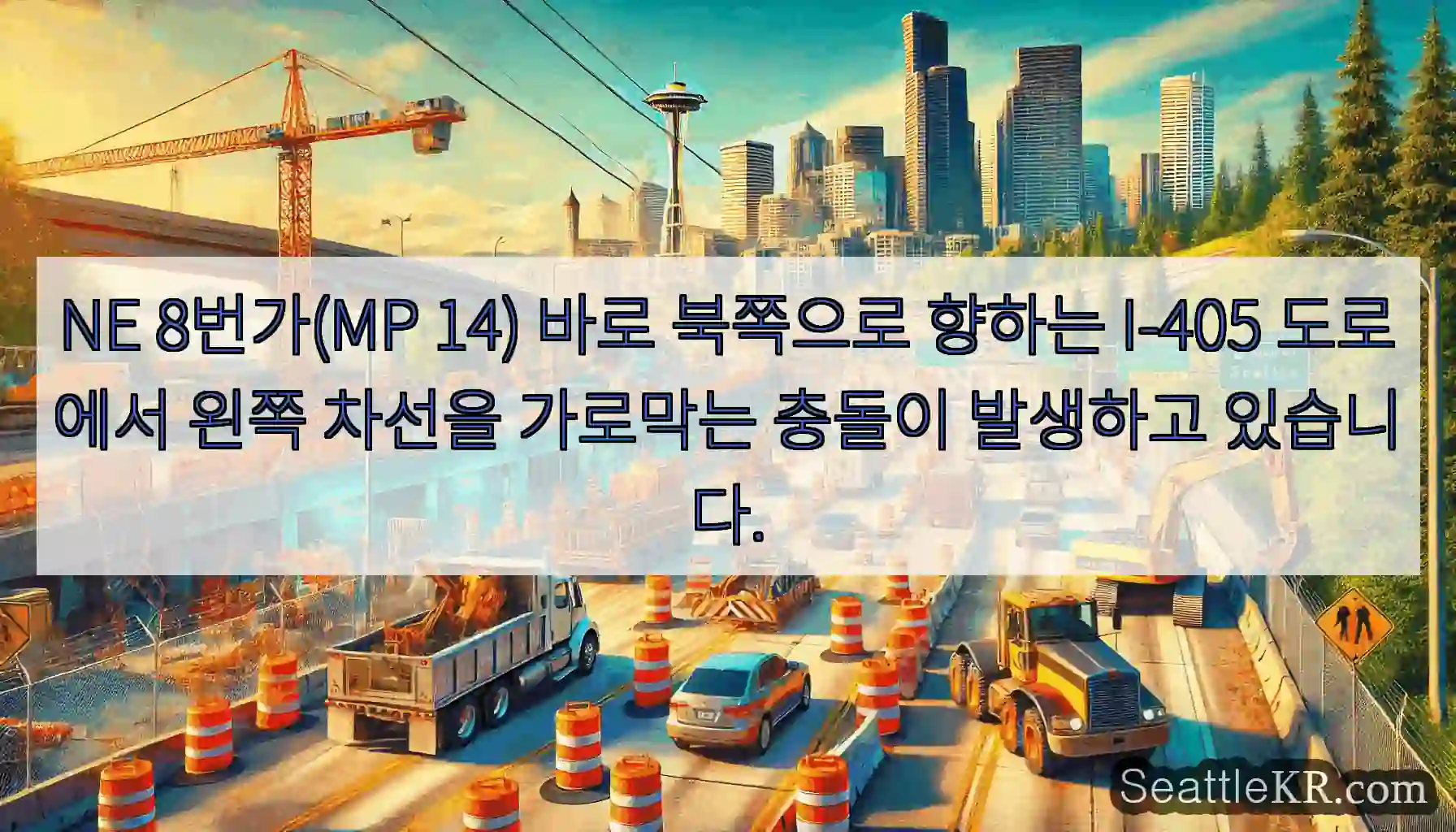 NE 8번가(MP 14) 바로 북쪽으로 향하는 I-405 도로에서 왼쪽 차선을 가로막는