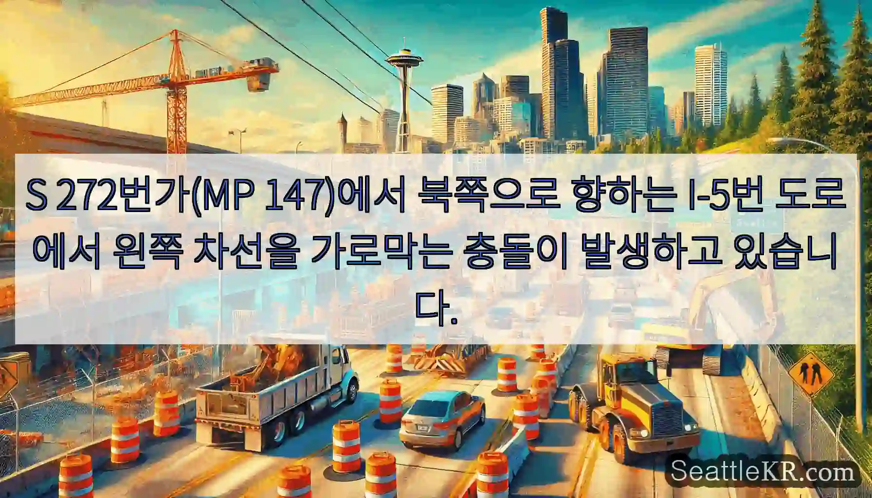 S 272번가(MP 147)에서 북쪽으로 향하는 I-5번 도로에서 왼쪽 차선을 가로막는