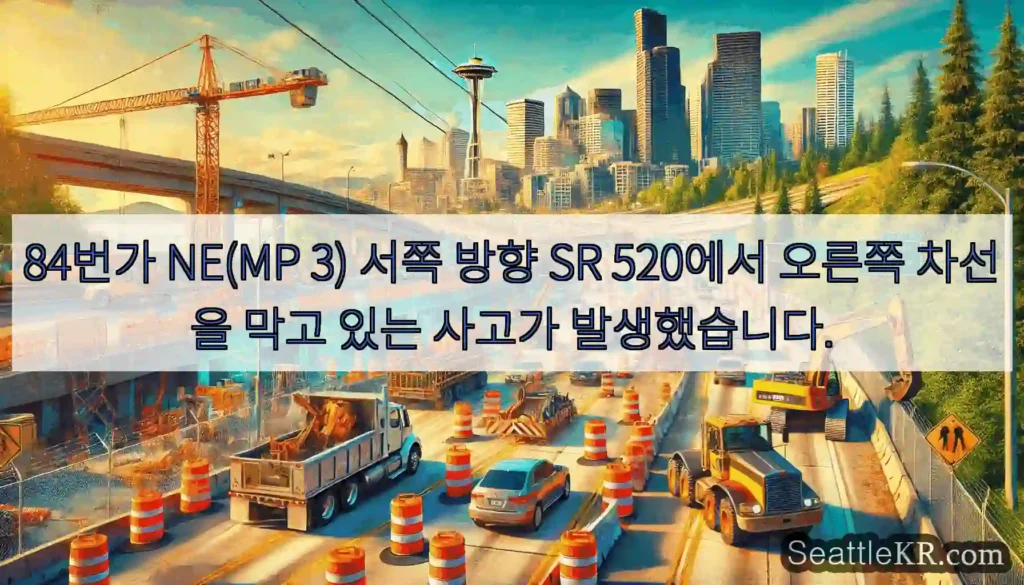 84번가 NE(MP 3) 서쪽 방향 SR 520에서 오른쪽 차선을 막고 있는 사고가