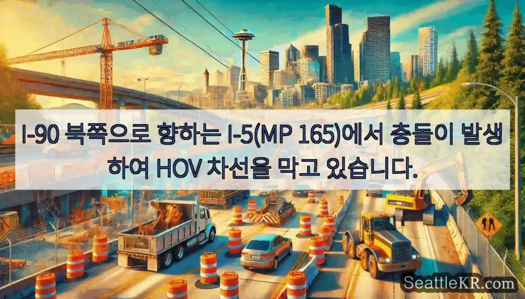 I-90 북쪽으로 향하는 I-5(MP 165)에서 충돌이 발생하여 HOV 차선을 막고