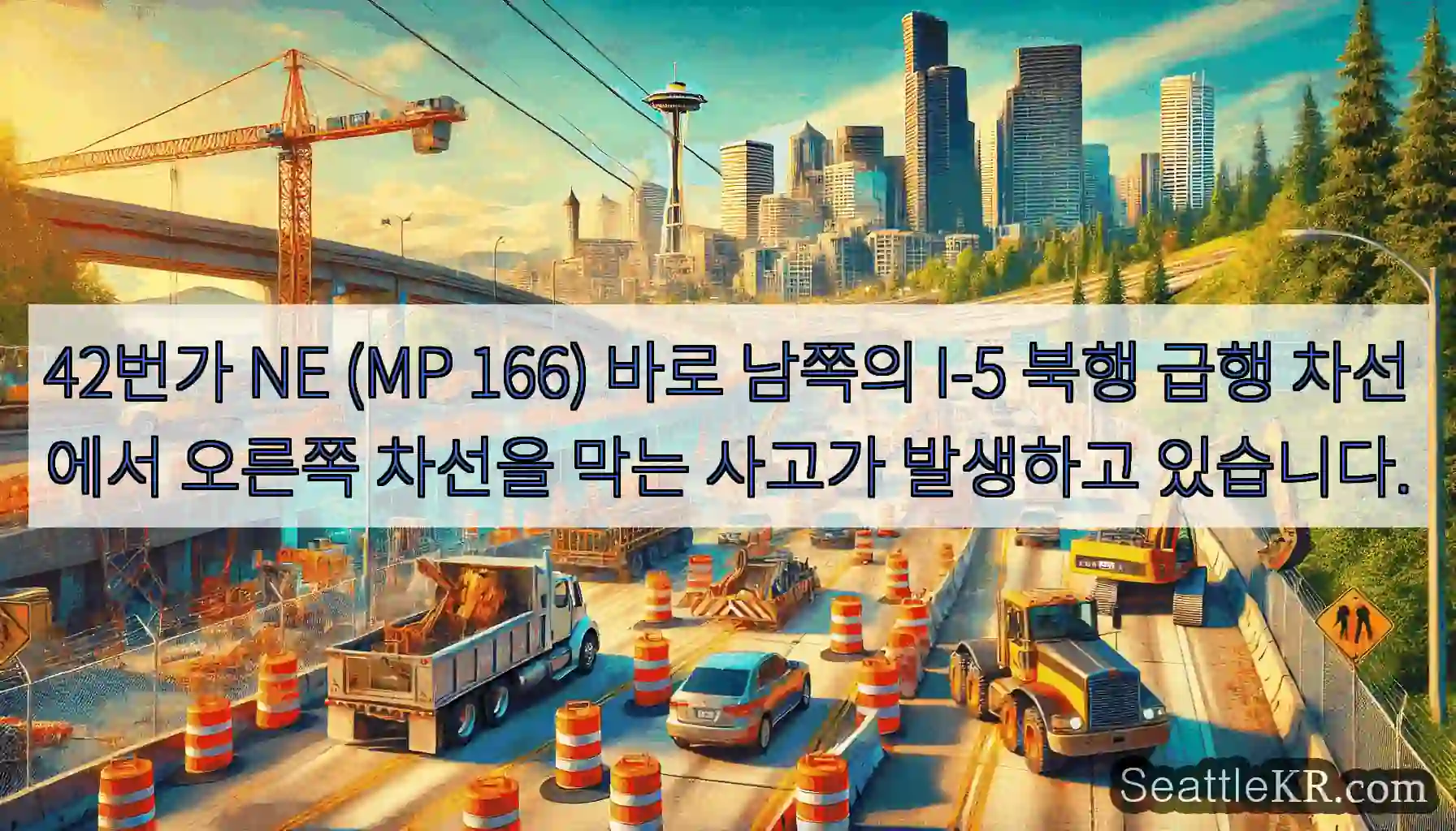 42번가 NE (MP 166) 바로 남쪽의 I-5 북행 급행 차선에서 오른쪽 차선을 막는