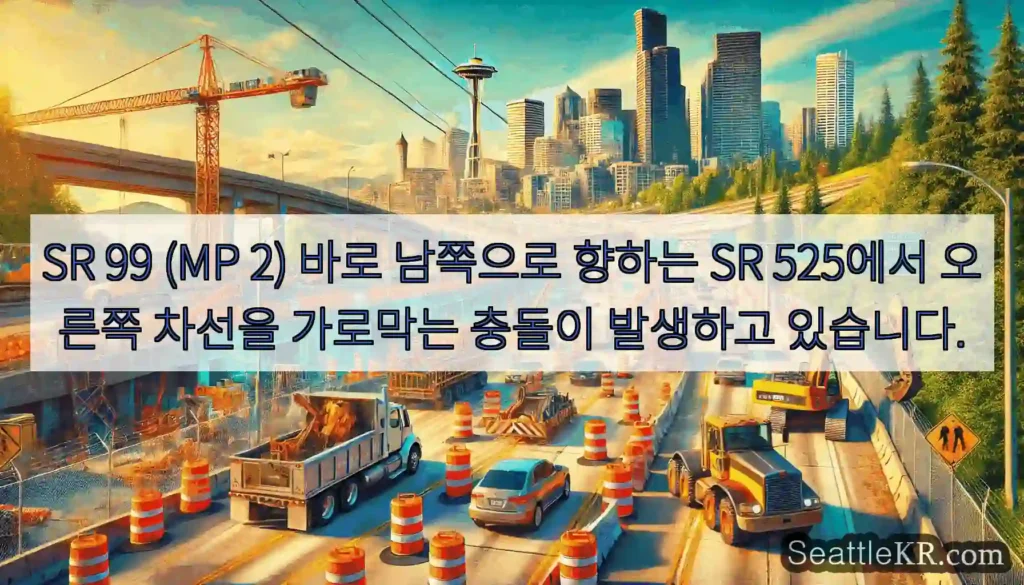 SR 99 (MP 2) 바로 남쪽으로 향하는 SR 525에서 오른쪽 차선을 가로막는