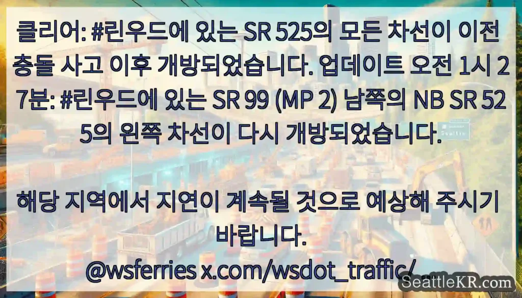 클리어: #린우드에 있는 SR 525의 모든 차선이 이전 충돌 사고 이후 개방되었습니다.