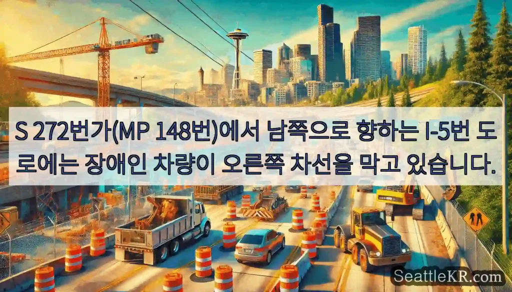 S 272번가(MP 148번)에서 남쪽으로 향하는 I-5번 도로에는 장애인 차량이 오른쪽