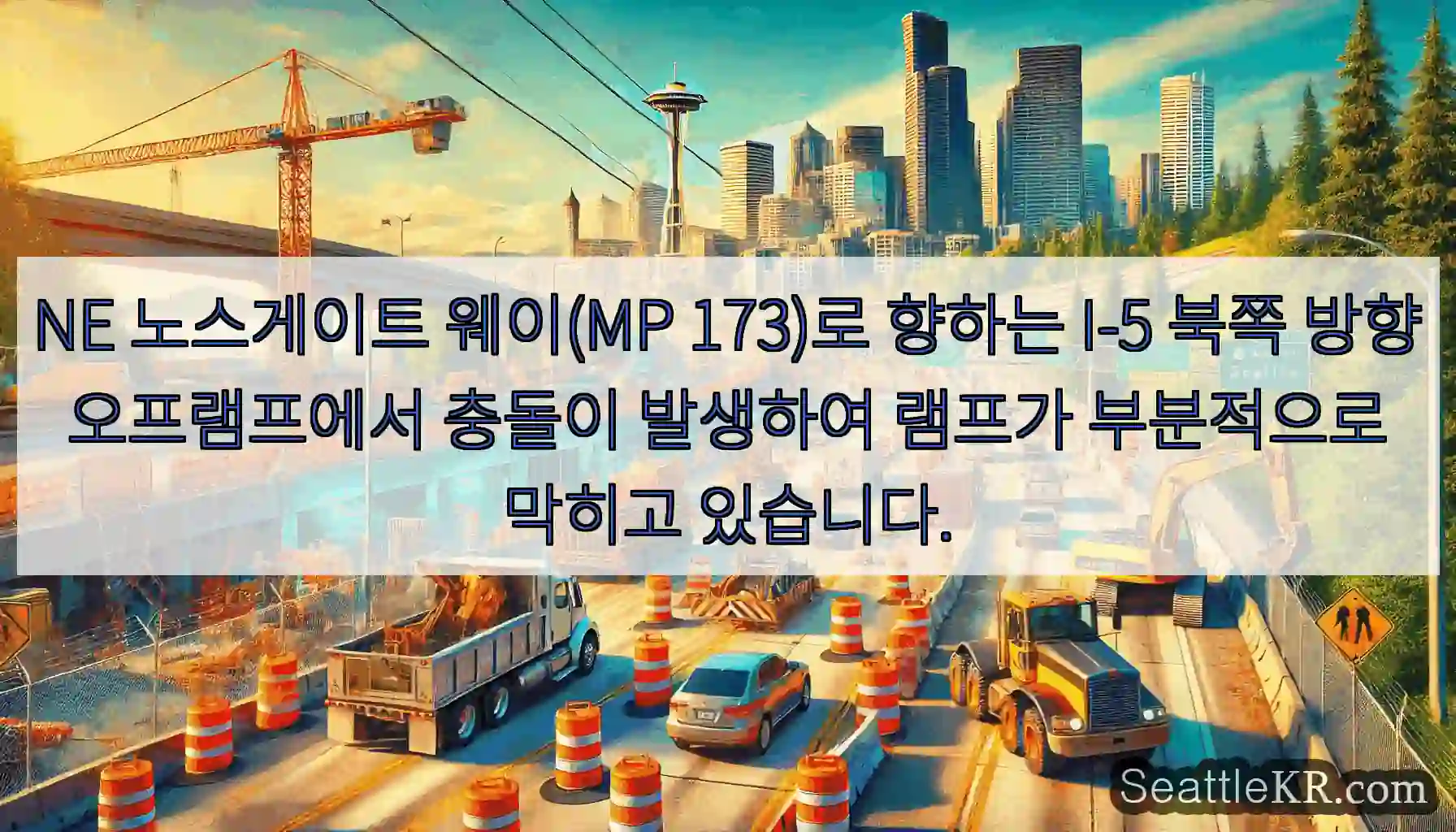 NE 노스게이트 웨이(MP 173)로 향하는 I-5 북쪽 방향 오프램프에서 충돌이