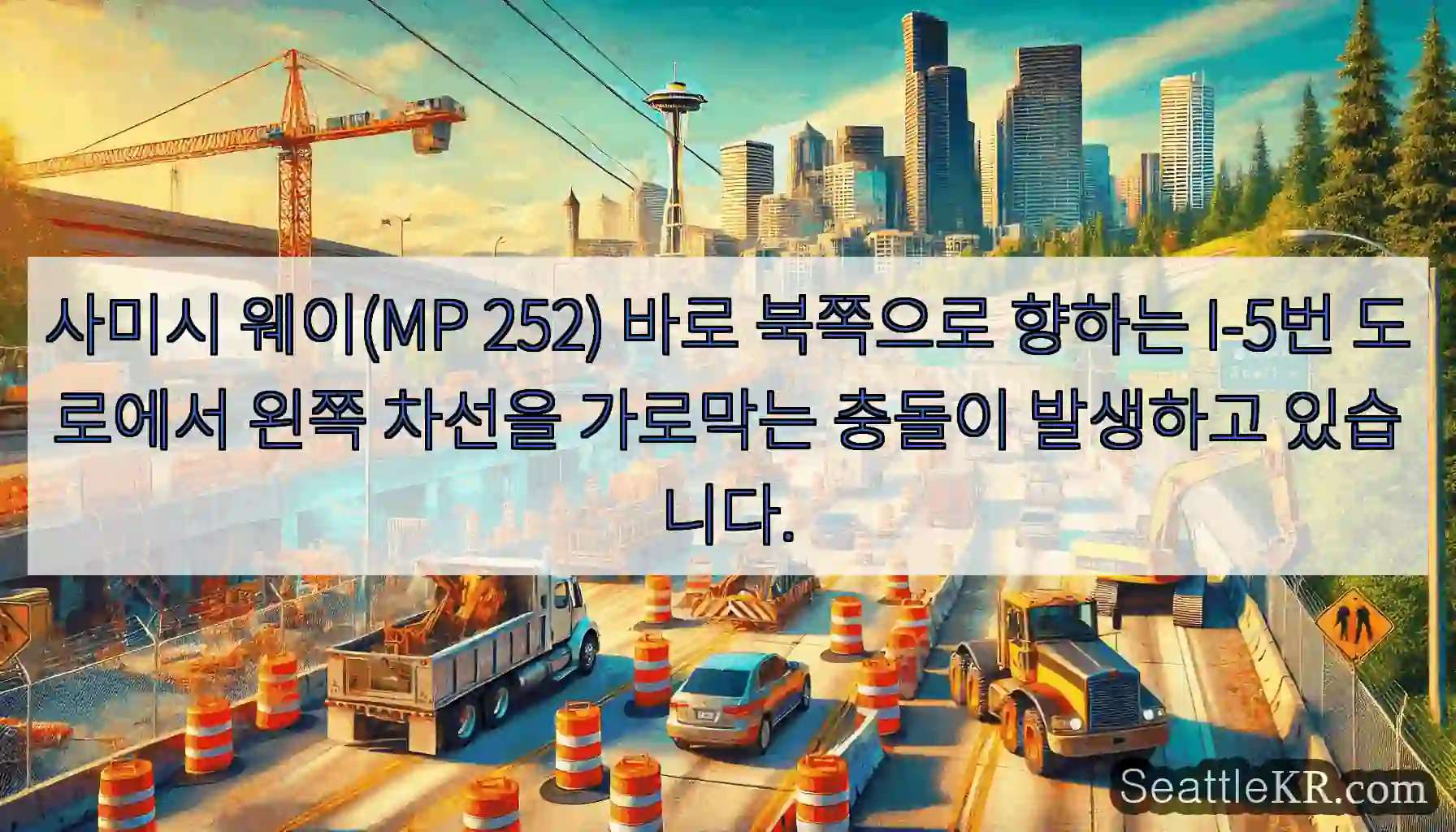 사미시 웨이(MP 252) 바로 북쪽으로 향하는 I-5번 도로에서 왼쪽 차선을 가로막는