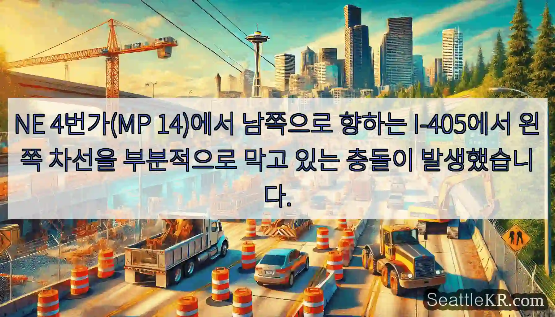 NE 4번가(MP 14)에서 남쪽으로 향하는 I-405에서 왼쪽 차선을 부분적으로 막고