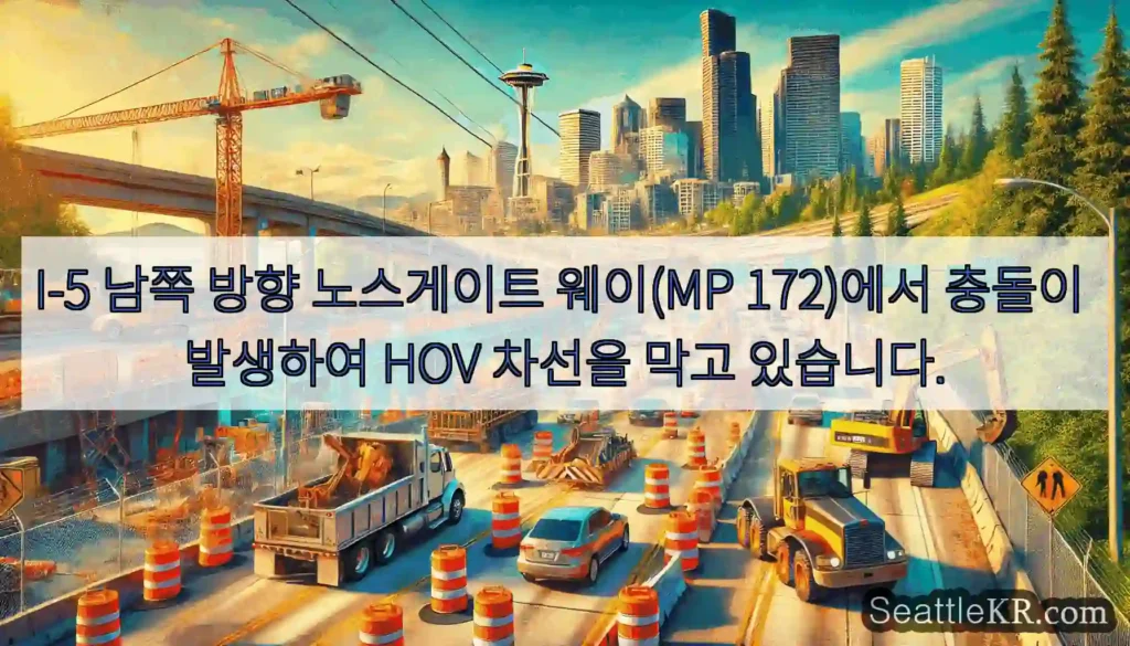 I-5 남쪽 방향 노스게이트 웨이(MP 172)에서 충돌이 발생하여 HOV 차선을 막고