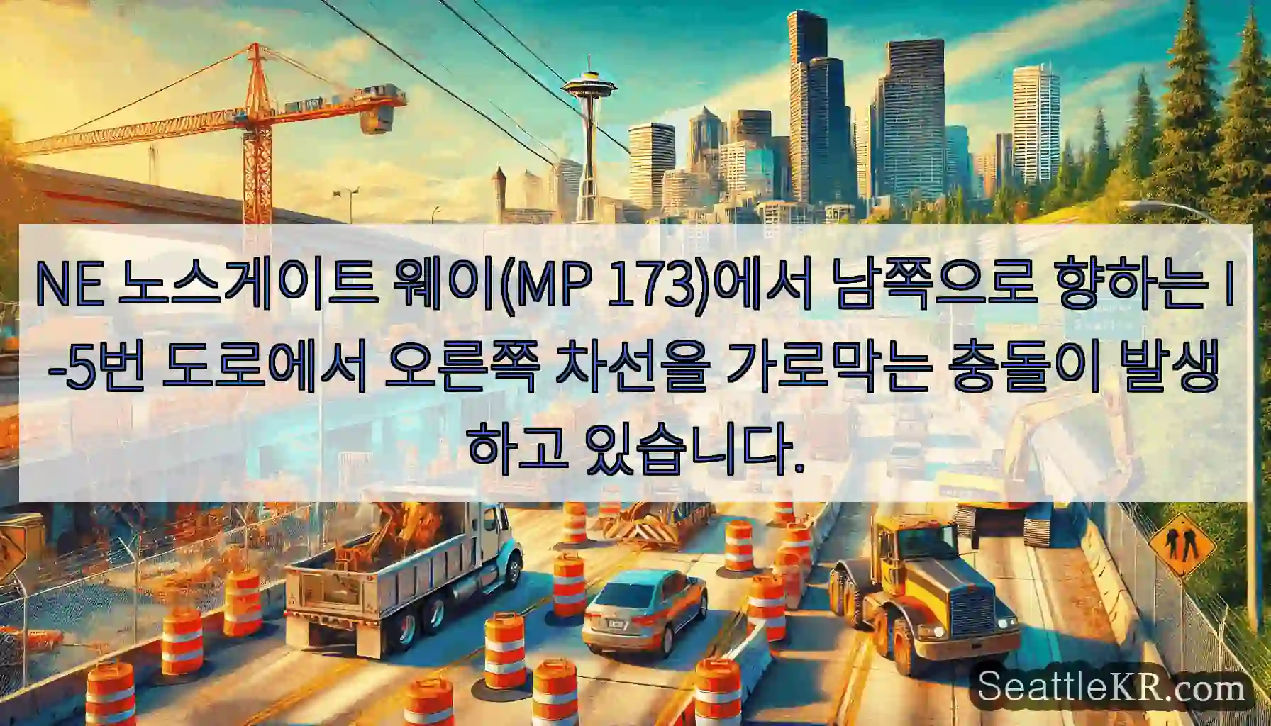 NE 노스게이트 웨이(MP 173)에서 남쪽으로 향하는 I-5번 도로에서 오른쪽 차선을