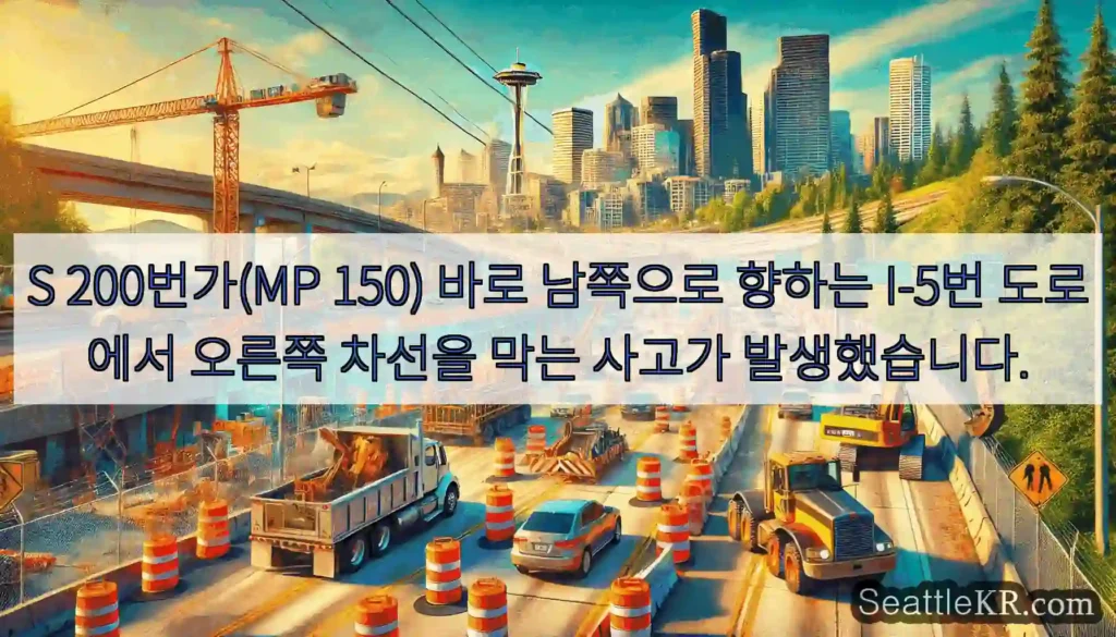 S 200번가(MP 150) 바로 남쪽으로 향하는 I-5번 도로에서 오른쪽 차선을 막는