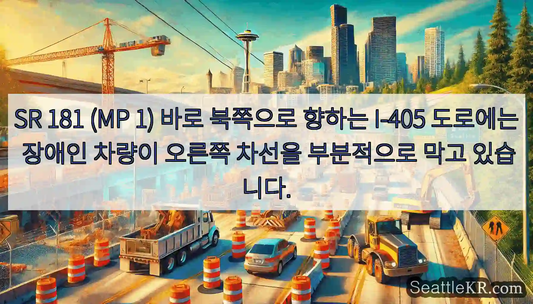 SR 181 (MP 1) 바로 북쪽으로 향하는 I-405 도로에는 장애인 차량이 오른쪽