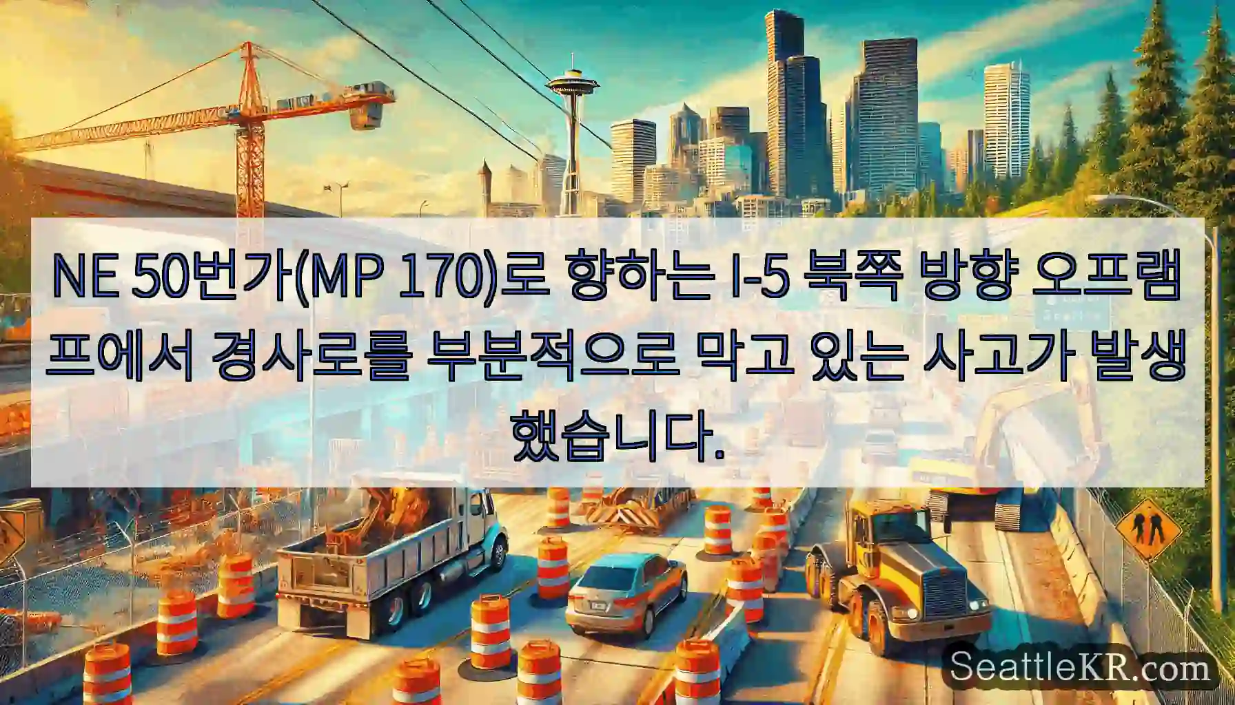 NE 50번가(MP 170)로 향하는 I-5 북쪽 방향 오프램프에서 경사로를 부분적으로