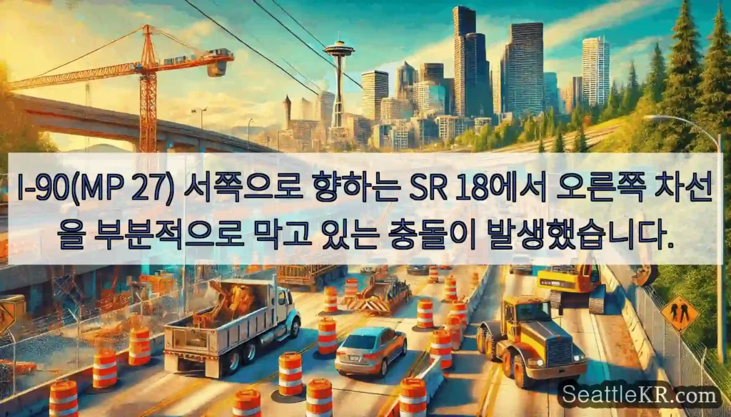 I-90(MP 27) 서쪽으로 향하는 SR 18에서 오른쪽 차선을 부분적으로 막고 있는