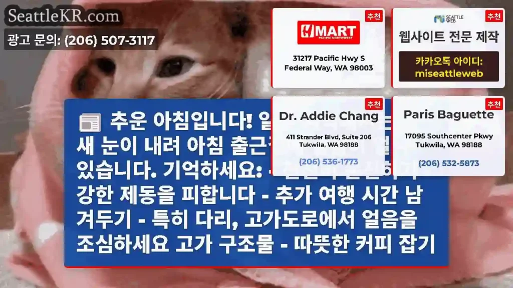 추운 아침입니다! 일부 지역에서는 밤새 눈이 내려 아침 출근길에 얼음이 얼 수