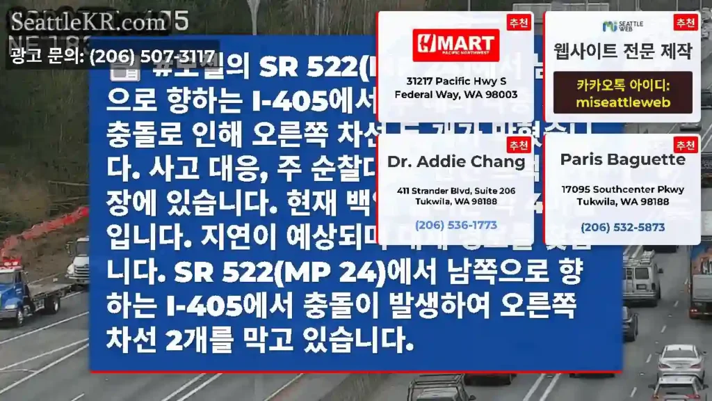 #보첼의 SR 522(MP 24)에서 남쪽으로 향하는 I-405에서 두 대의 다중 차량