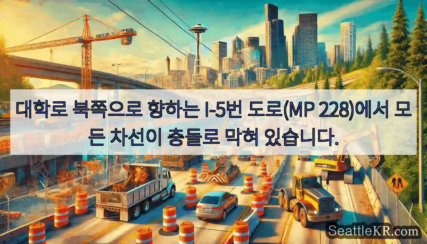 대학로 북쪽으로 향하는 I-5번 도로(MP 228)에서 모든 차선이 충돌로 막혀 있습니다.
