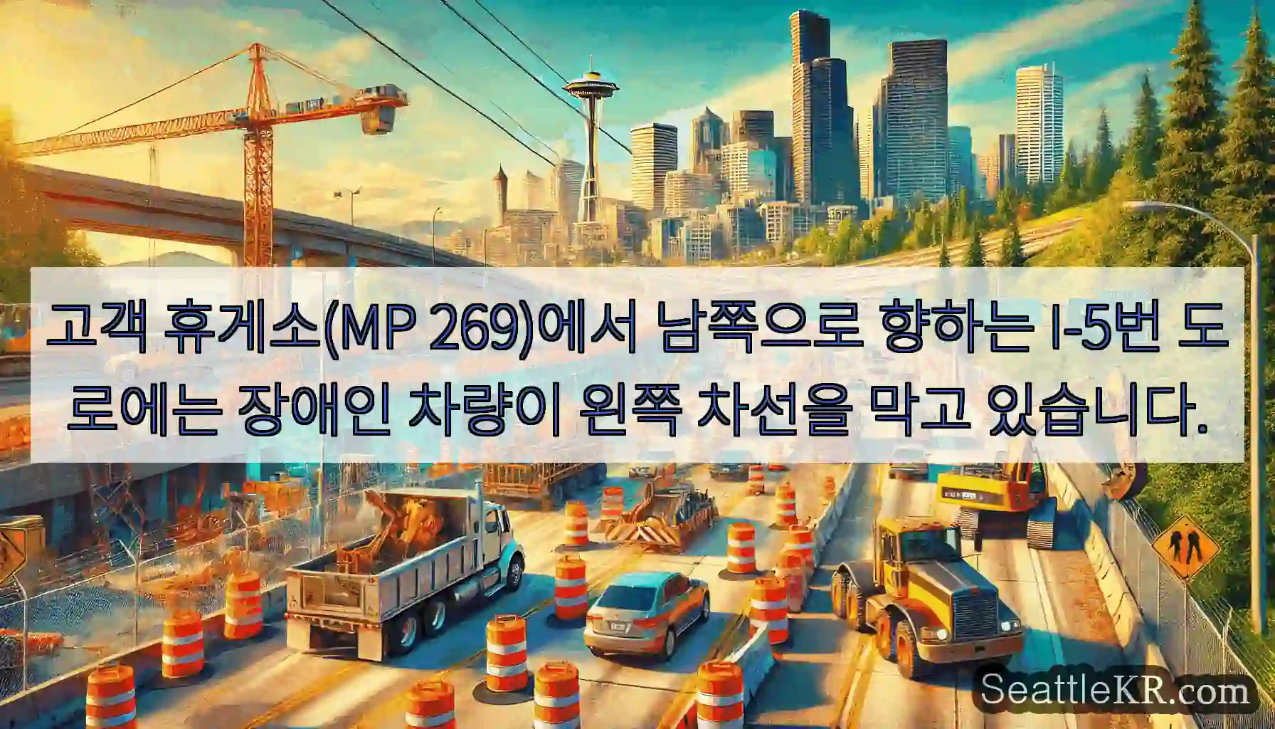 고객 휴게소(MP 269)에서 남쪽으로 향하는 I-5번 도로에는 장애인 차량이 왼쪽