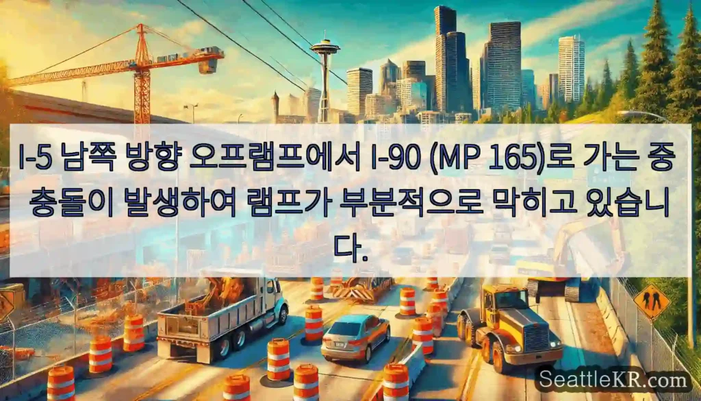 I-5 남쪽 방향 오프램프에서 I-90 (MP 165)로 가는 중 충돌이 발생하여 램프가