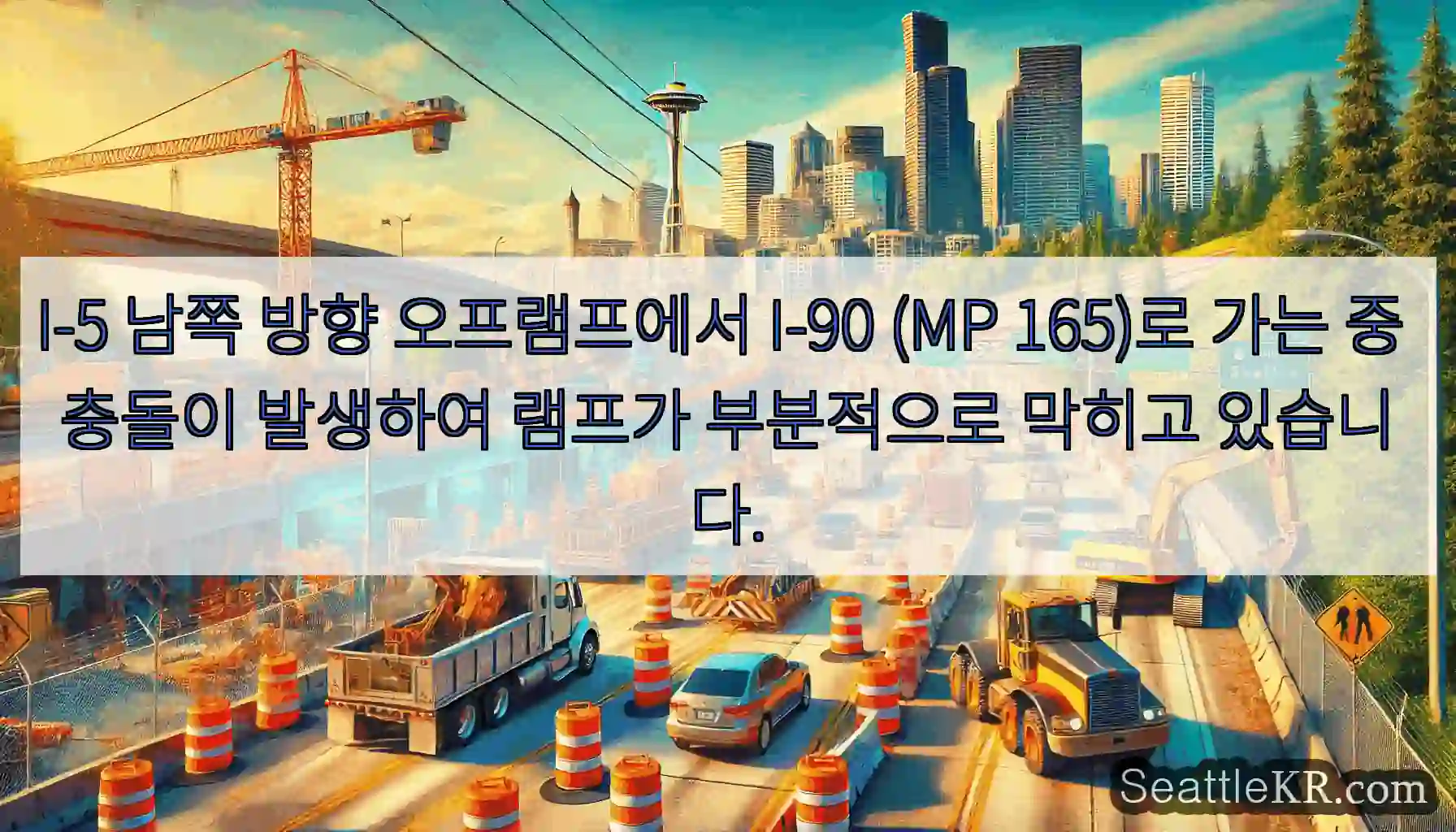 I-5 남쪽 방향 오프램프에서 I-90 (MP 165)로 가는 중 충돌이 발생하여 램프가