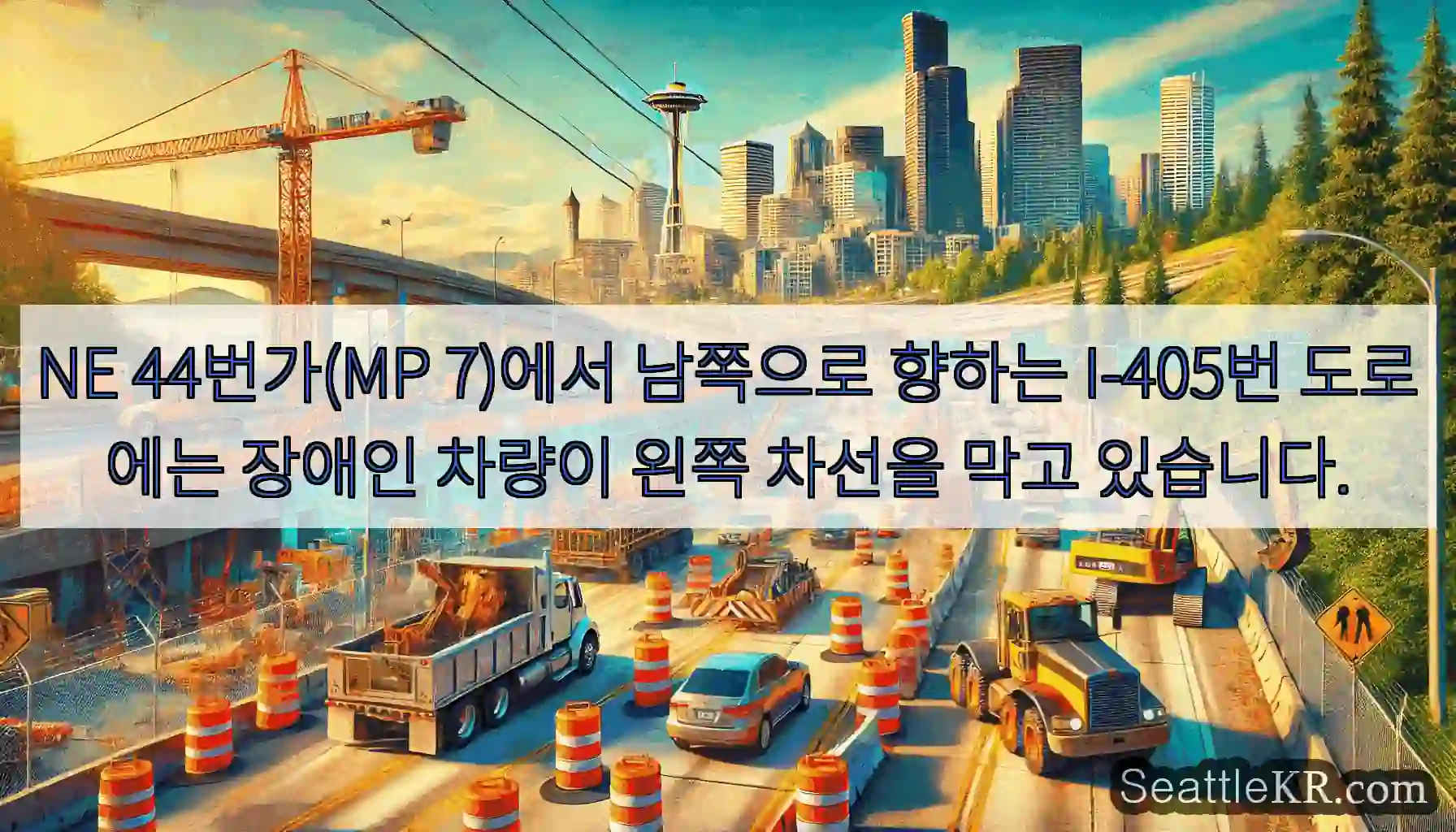 NE 44번가(MP 7)에서 남쪽으로 향하는 I-405번 도로에는 장애인 차량이 왼쪽