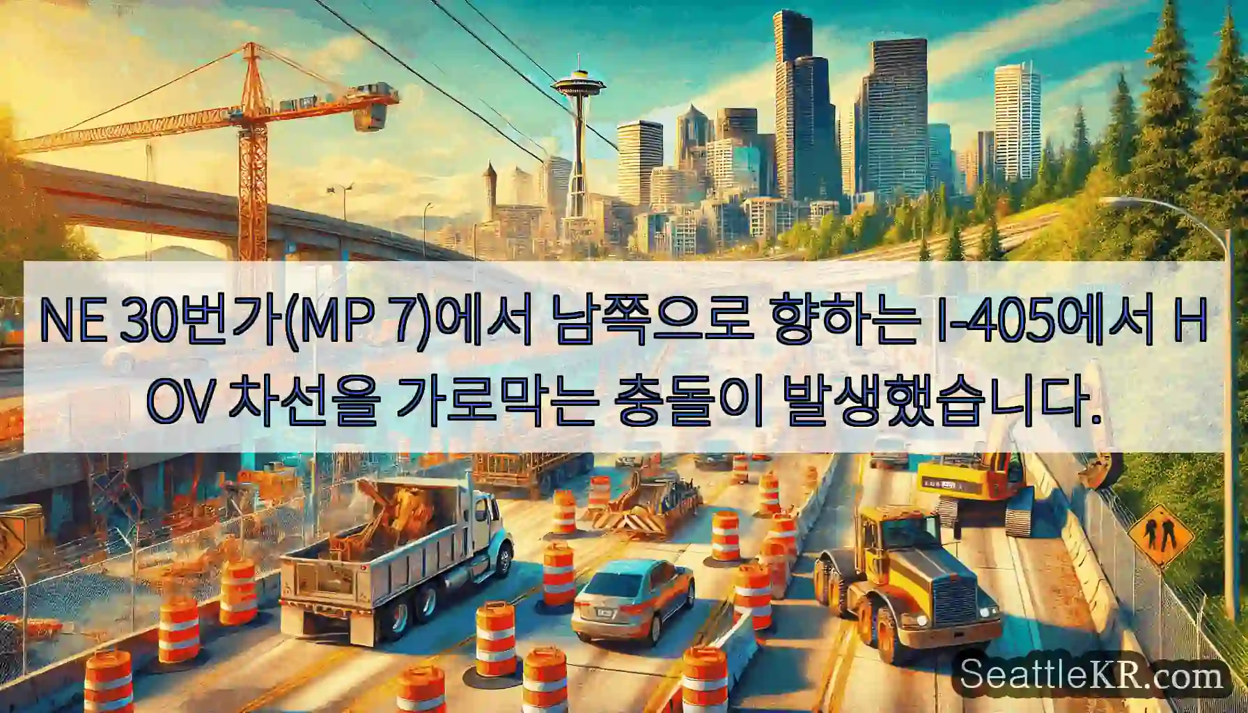 NE 30번가(MP 7)에서 남쪽으로 향하는 I-405에서 HOV 차선을 가로막는 충돌이