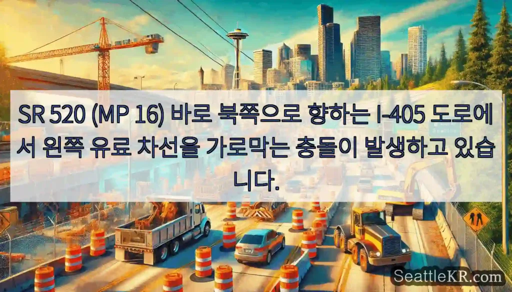 SR 520 (MP 16) 바로 북쪽으로 향하는 I-405 도로에서 왼쪽 유료 차선을