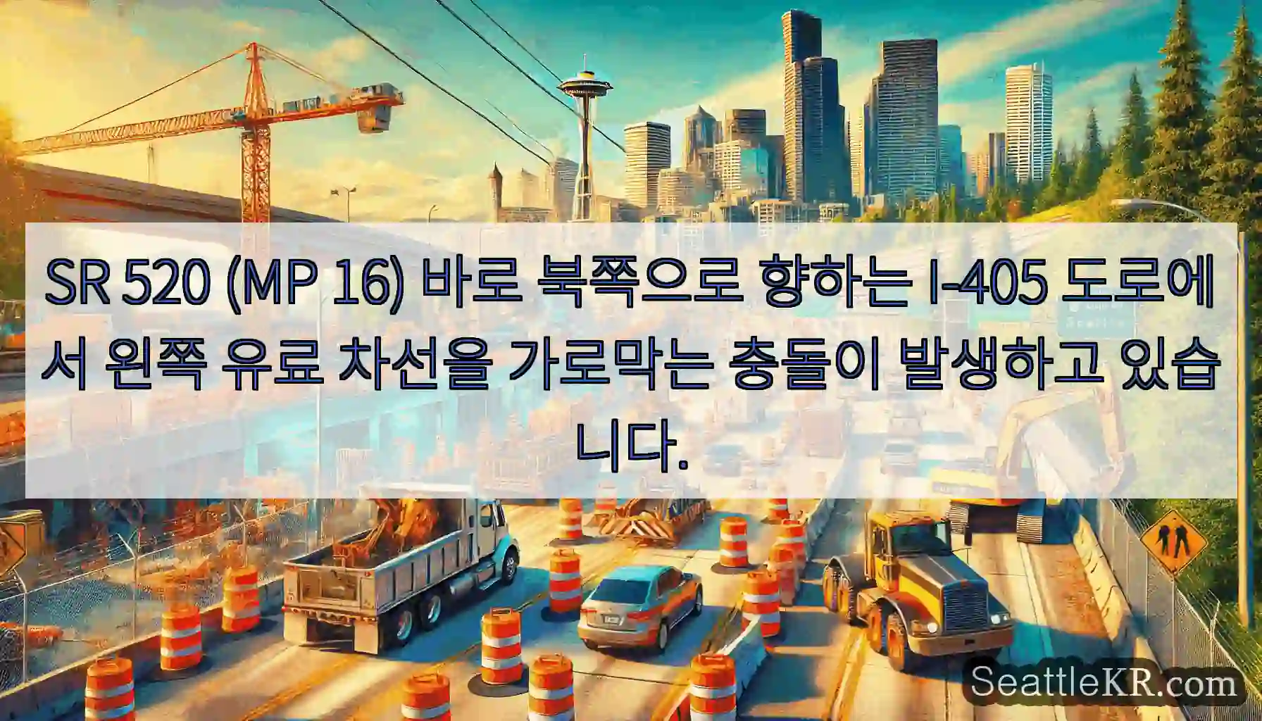 SR 520 (MP 16) 바로 북쪽으로 향하는 I-405 도로에서 왼쪽 유료 차선을