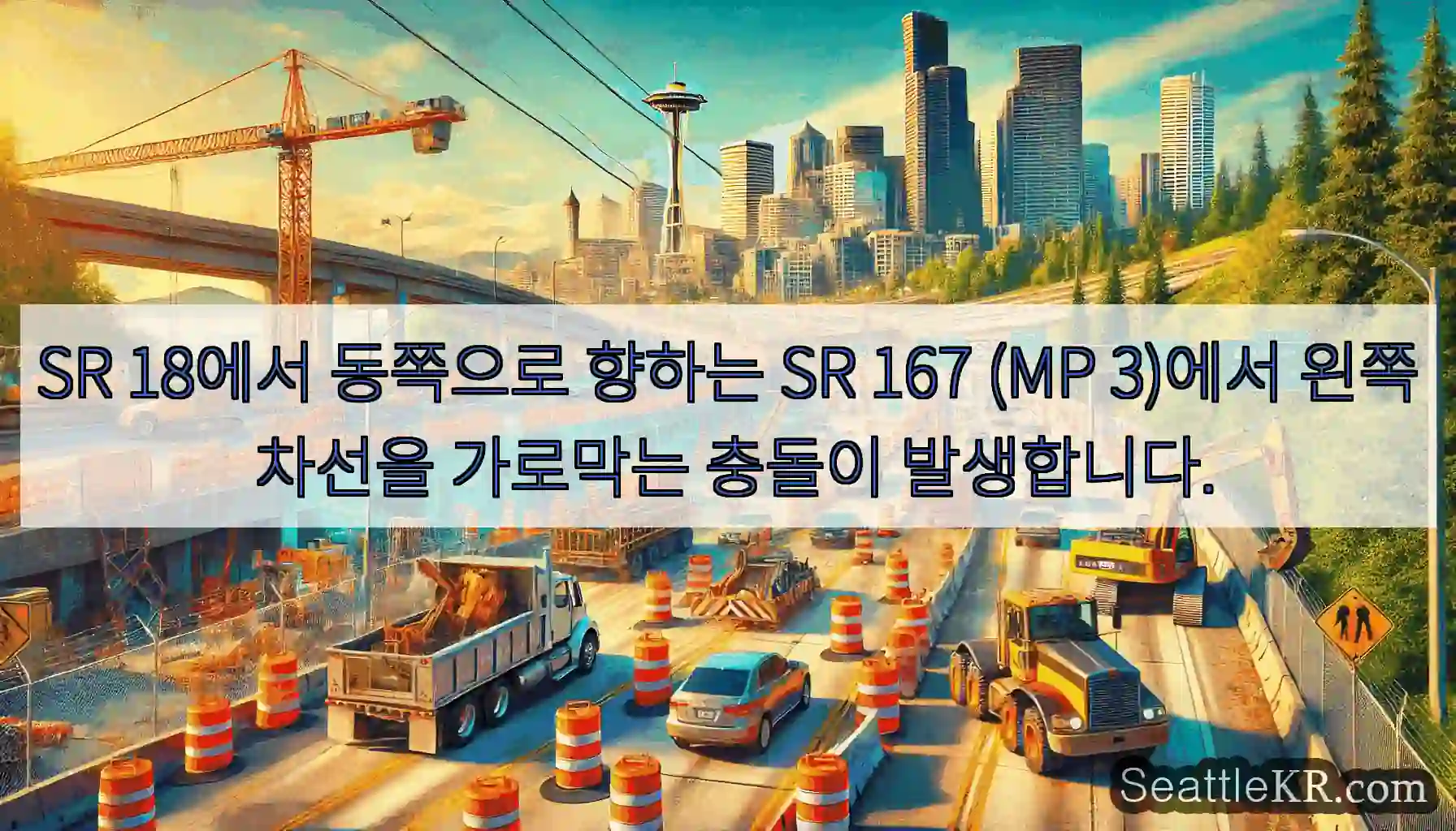 SR 18에서 동쪽으로 향하는 SR 167 (MP 3)에서 왼쪽 차선을 가로막는 충돌이