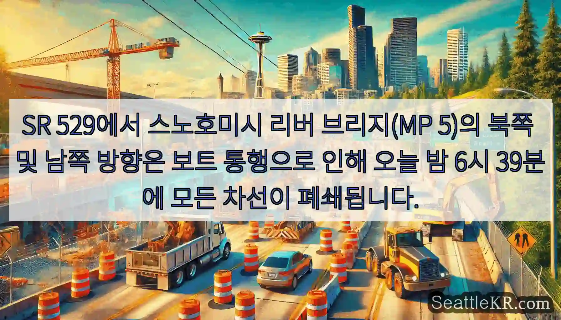 SR 529에서 스노호미시 리버 브리지(MP 5)의 북쪽 및 남쪽 방향은 보트 통행으로