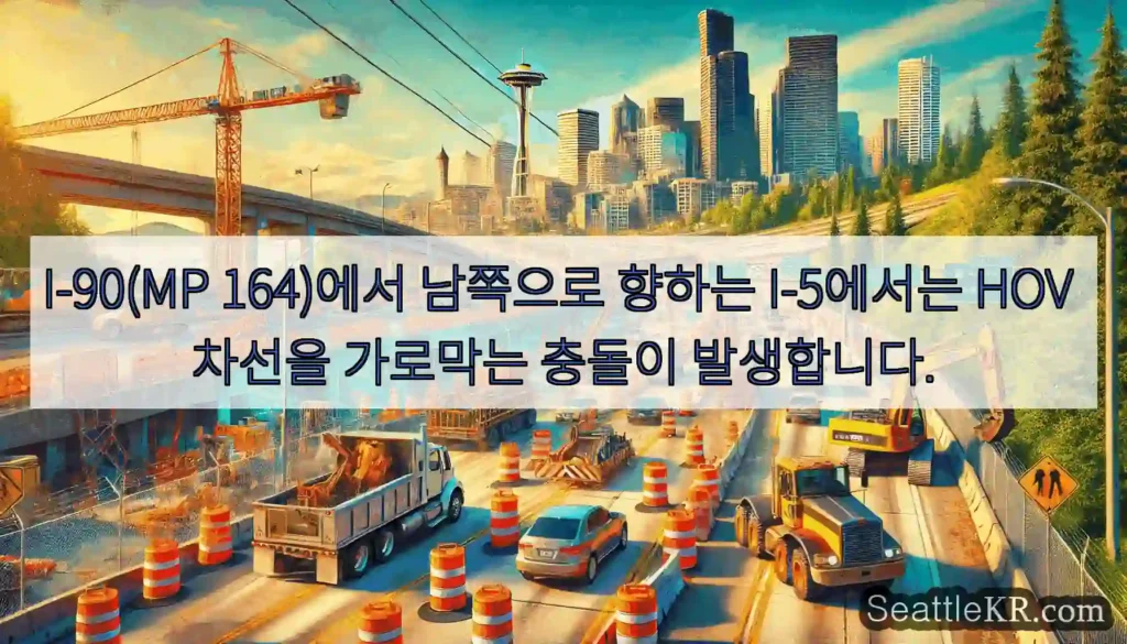 I-90(MP 164)에서 남쪽으로 향하는 I-5에서는 HOV 차선을 가로막는 충돌이