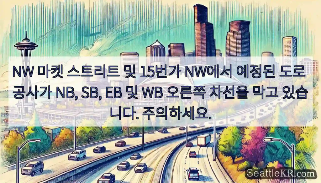 NW 마켓 스트리트 및 15번가 NW에서 예정된 도로 공사가 NB, SB, EB 및 WB
