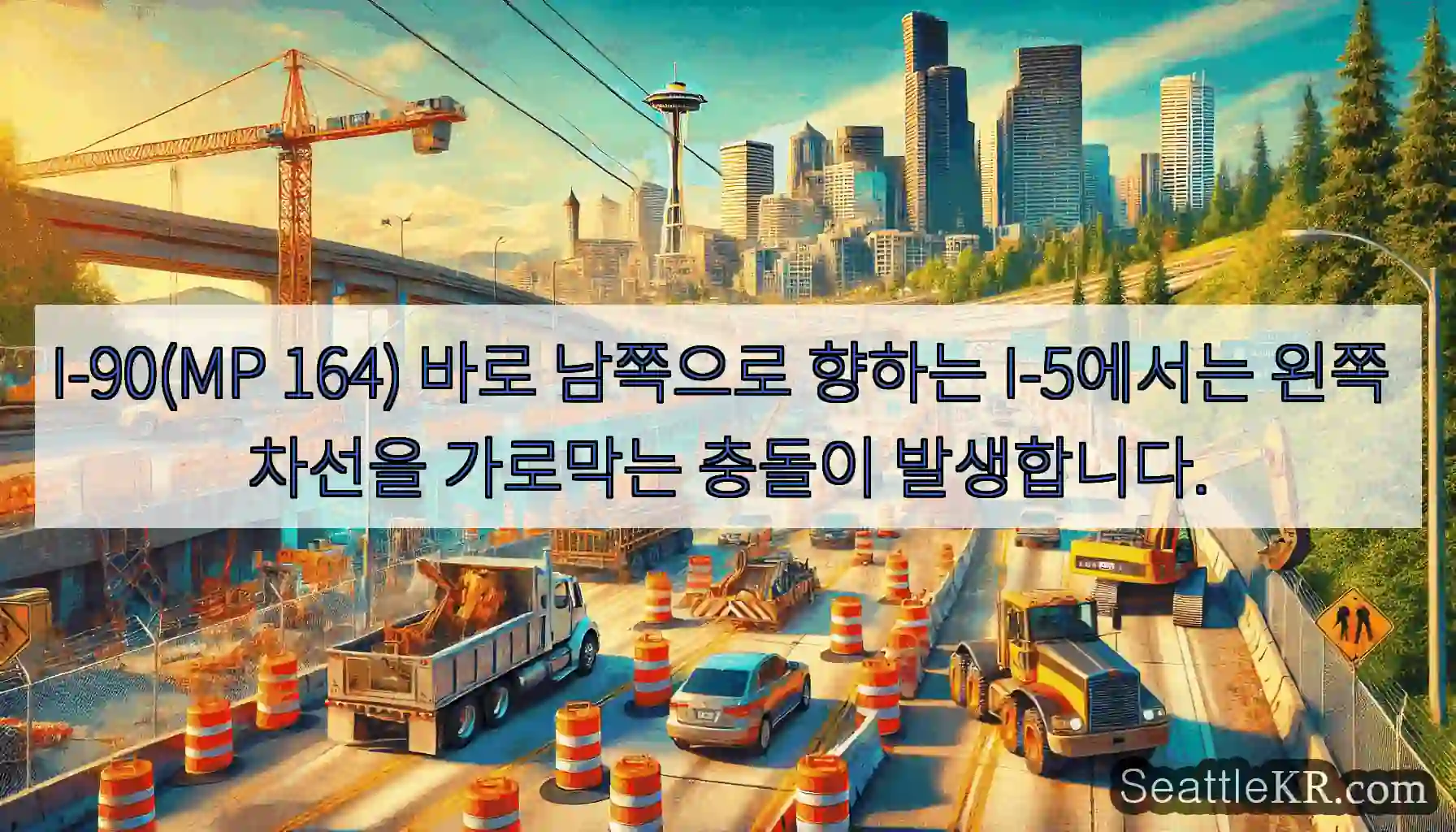 I-90(MP 164) 바로 남쪽으로 향하는 I-5에서는 왼쪽 차선을 가로막는 충돌이