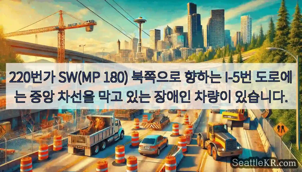 220번가 SW(MP 180) 북쪽으로 향하는 I-5번 도로에는 중앙 차선을 막고 있는