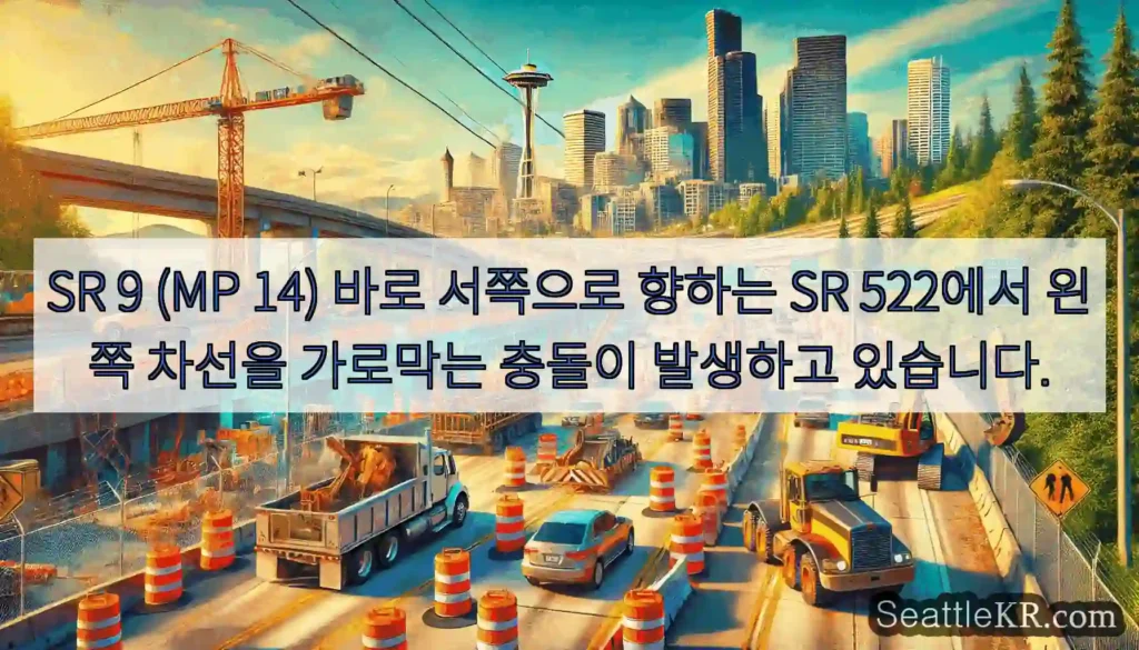 SR 9 (MP 14) 바로 서쪽으로 향하는 SR 522에서 왼쪽 차선을 가로막는 충돌이