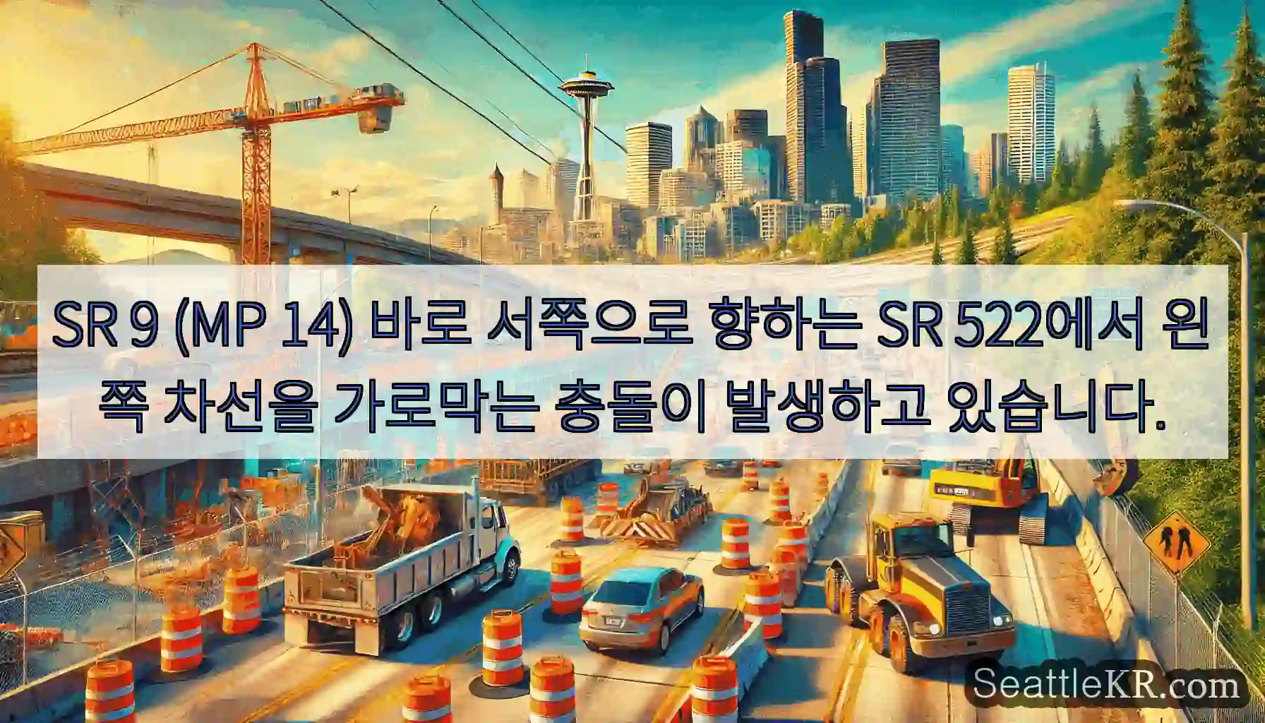 SR 9 (MP 14) 바로 서쪽으로 향하는 SR 522에서 왼쪽 차선을 가로막는 충돌이