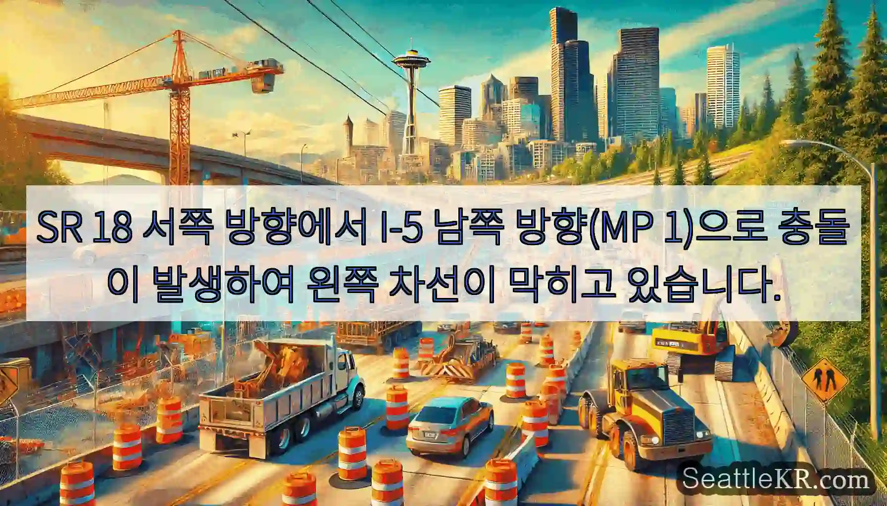SR 18 서쪽 방향에서 I-5 남쪽 방향(MP 1)으로 충돌이 발생하여 왼쪽 차선이