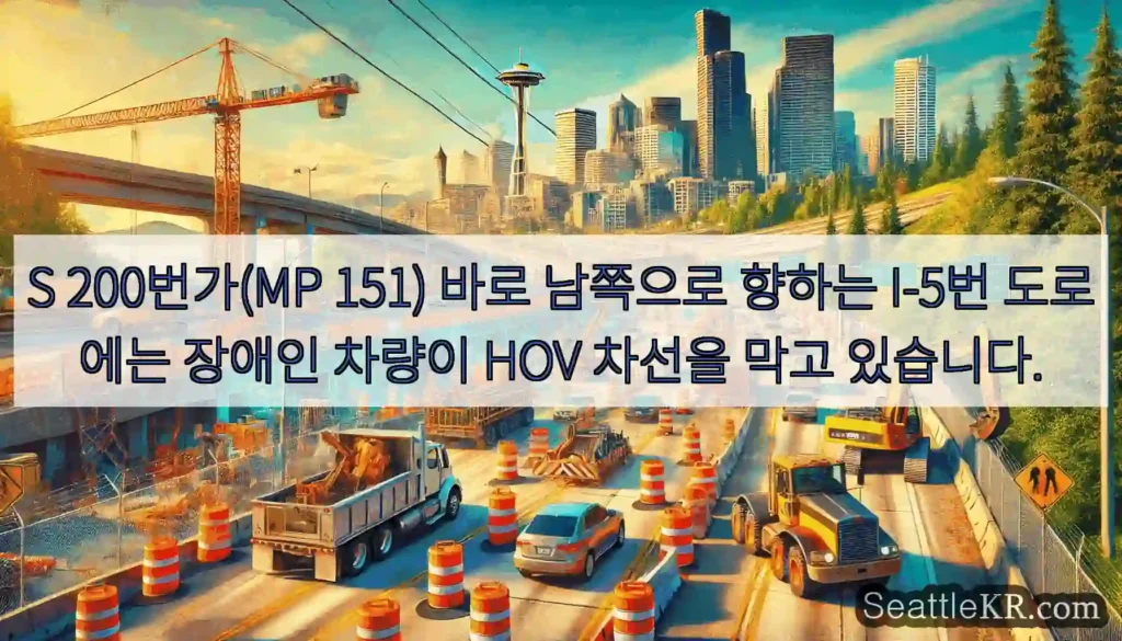 S 200번가(MP 151) 바로 남쪽으로 향하는 I-5번 도로에는 장애인 차량이 HOV