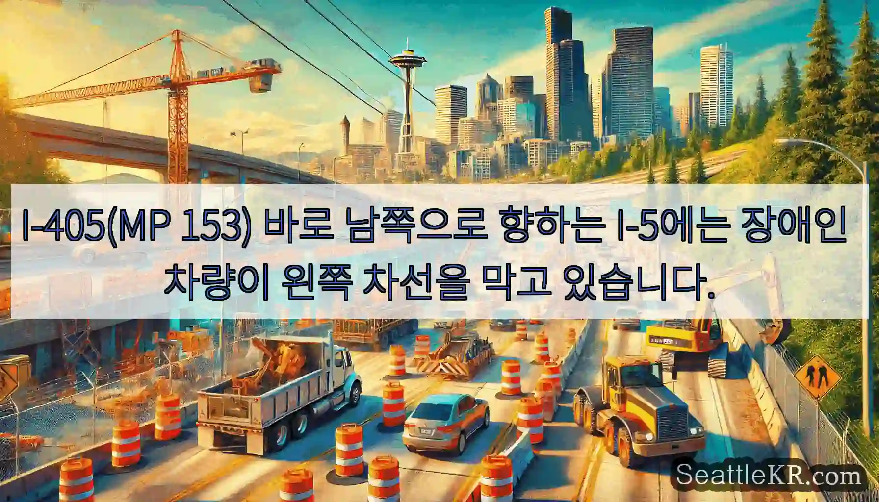 I-405(MP 153) 바로 남쪽으로 향하는 I-5에는 장애인 차량이 왼쪽 차선을 막고