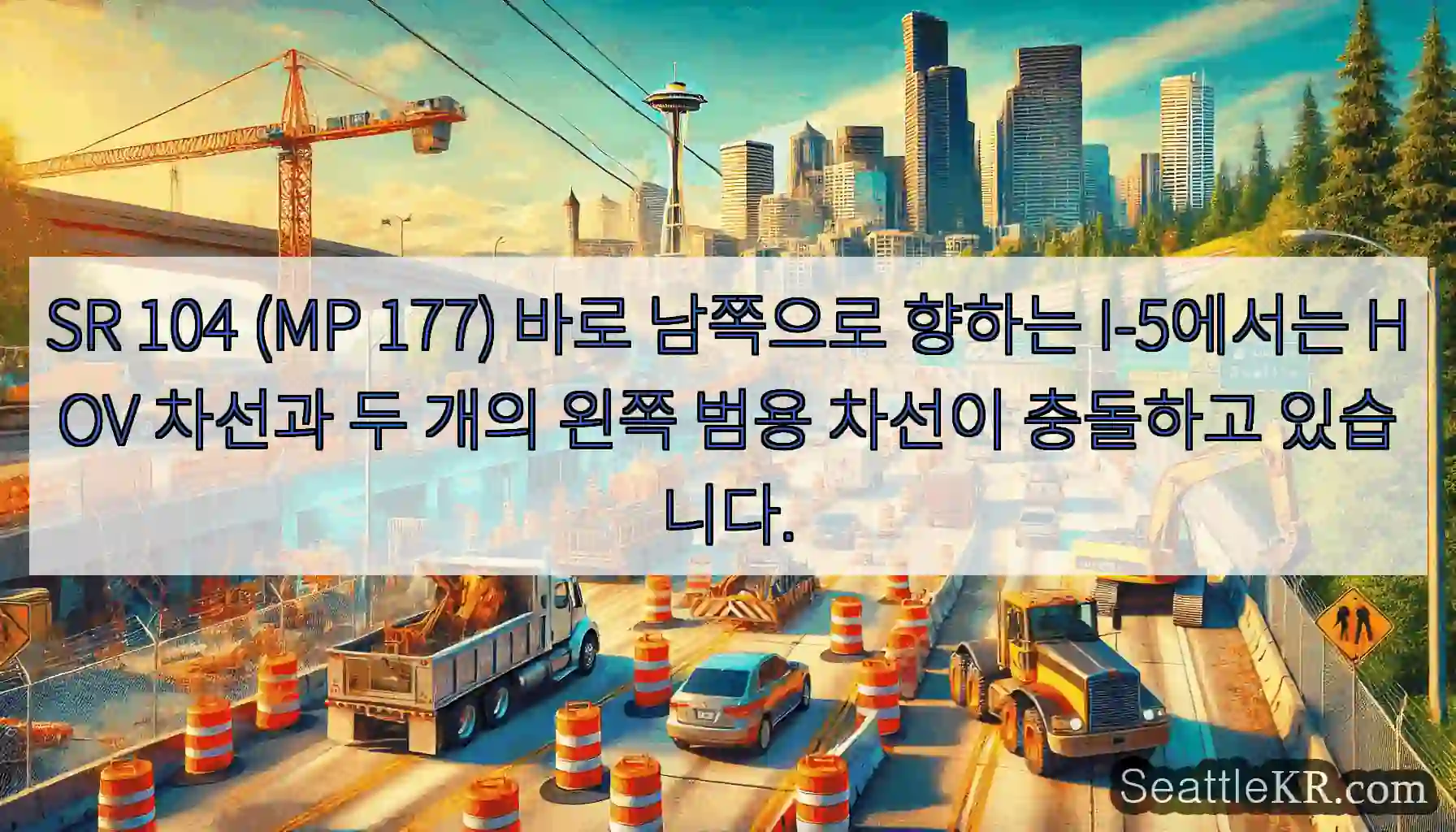 SR 104 (MP 177) 바로 남쪽으로 향하는 I-5에서는 HOV 차선과 두 개의