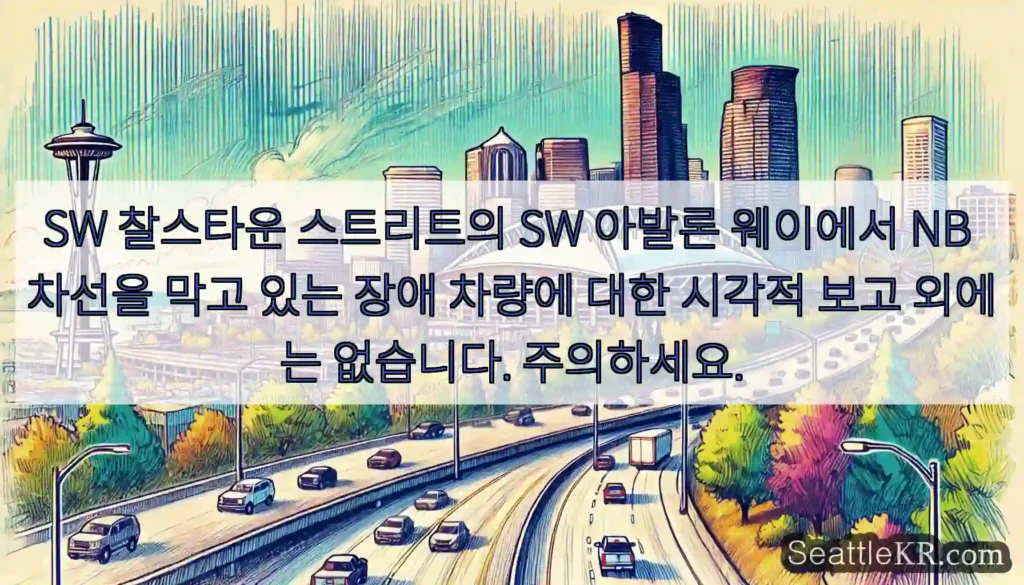 SW 찰스타운 스트리트의 SW 아발론 웨이에서 NB 차선을 막고 있는 장애 차량에 대한
