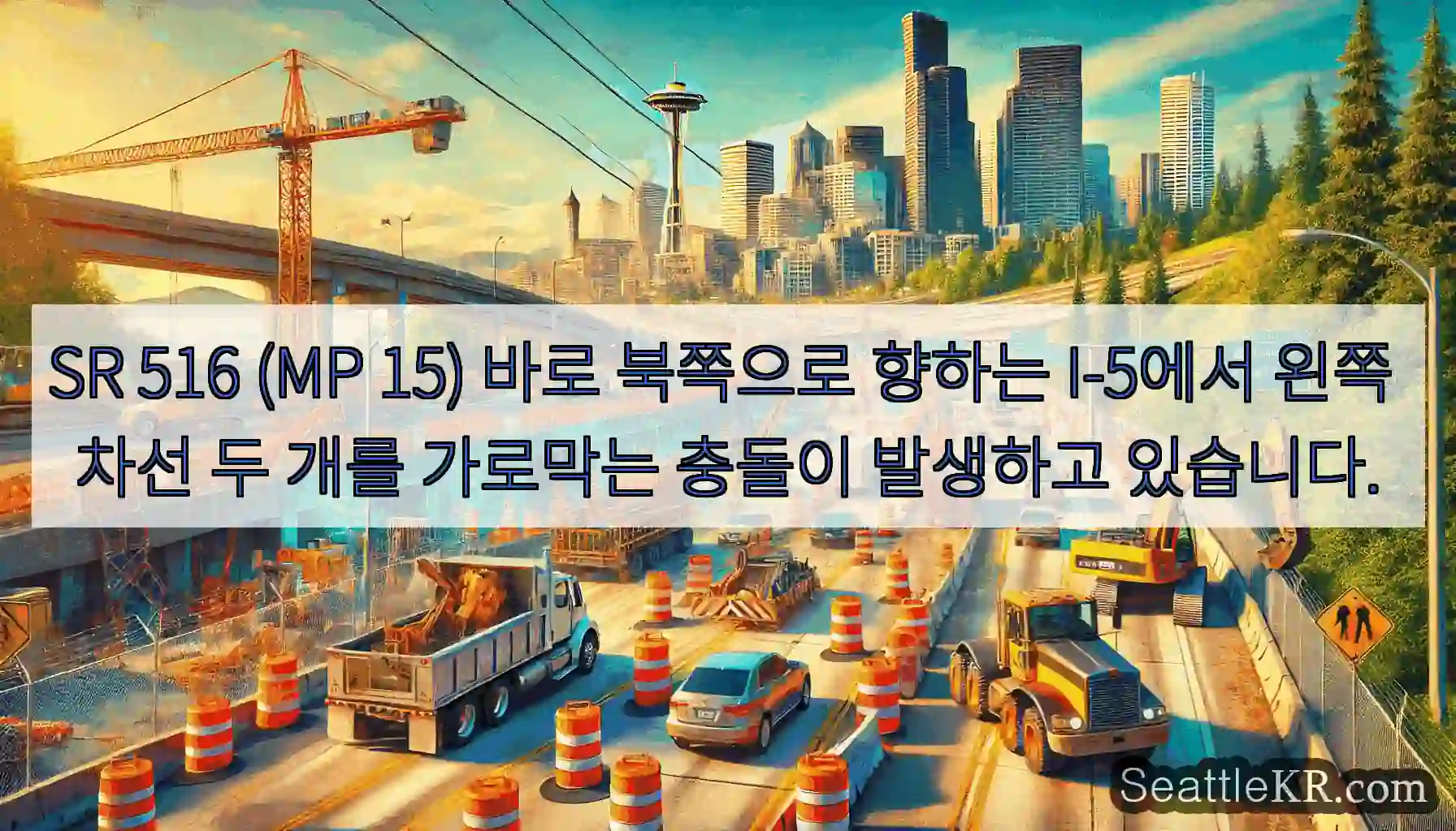 SR 516 (MP 15) 바로 북쪽으로 향하는 I-5에서 왼쪽 차선 두 개를 가로막는