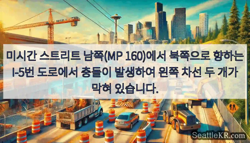 미시간 스트리트 남쪽(MP 160)에서 북쪽으로 향하는 I-5번 도로에서 충돌이 발생하여